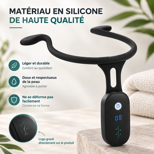 Correcteur de posture Posturia en silicone noir, vue de détail du boîtier avec écran LED