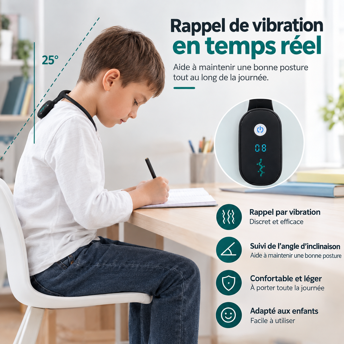 Correcteur de posture connecté Posturia, léger et discret, idéal pour le télétravail