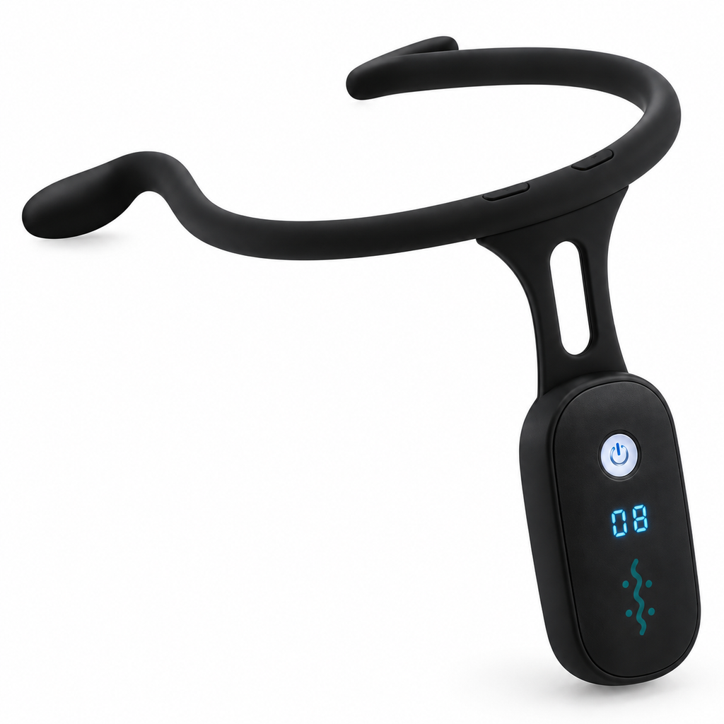Posturia, correcteur de posture intelligent porté autour du cou, vue de face sur fond blanc